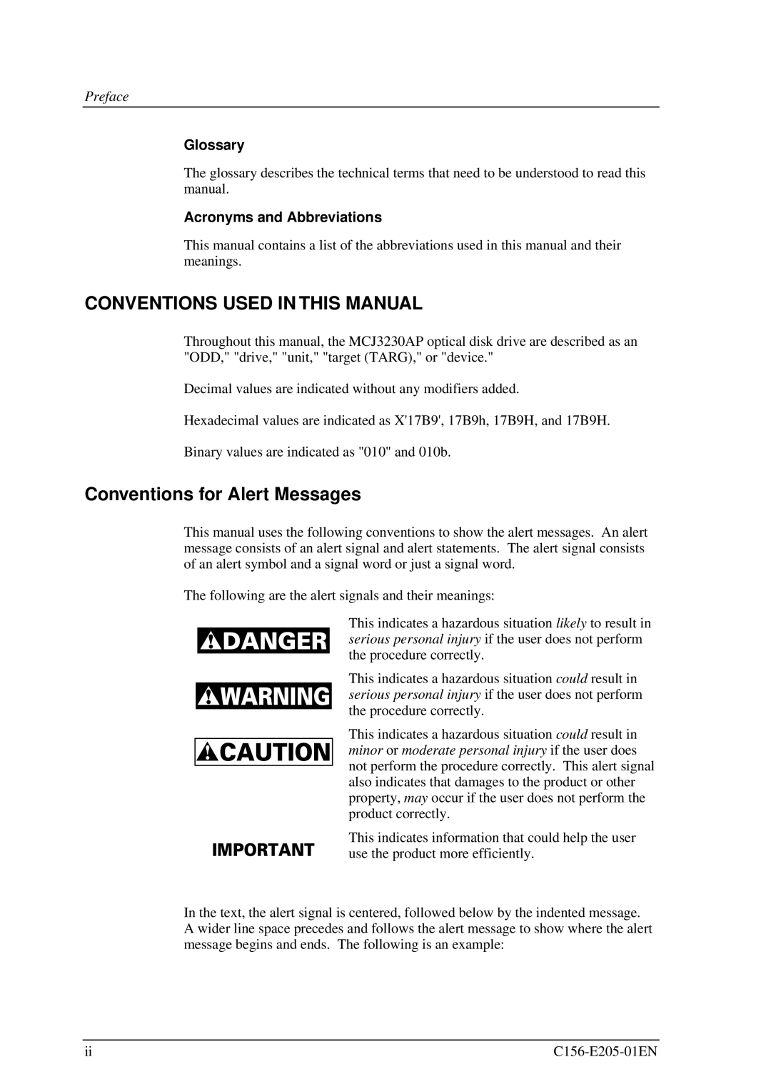 Fujitsu MCJ3230AP manual Conventions for Alert Messages, Glossary, Acronyms and Abbreviations 