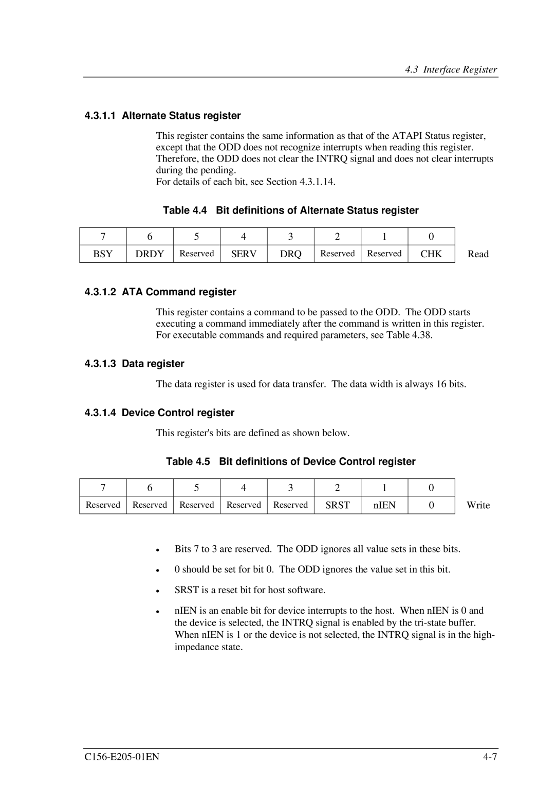 Fujitsu MCJ3230AP manual Bit definitions of Alternate Status register, ATA Command register, Data register 