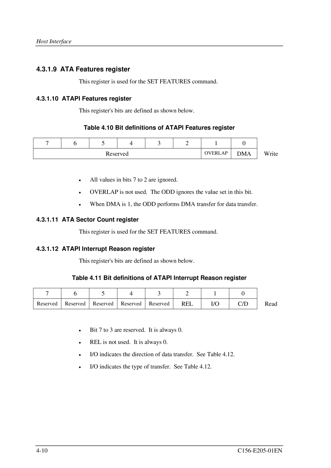 Fujitsu MCJ3230AP manual ATA Features register, Bit definitions of Atapi Features register, ATA Sector Count register 