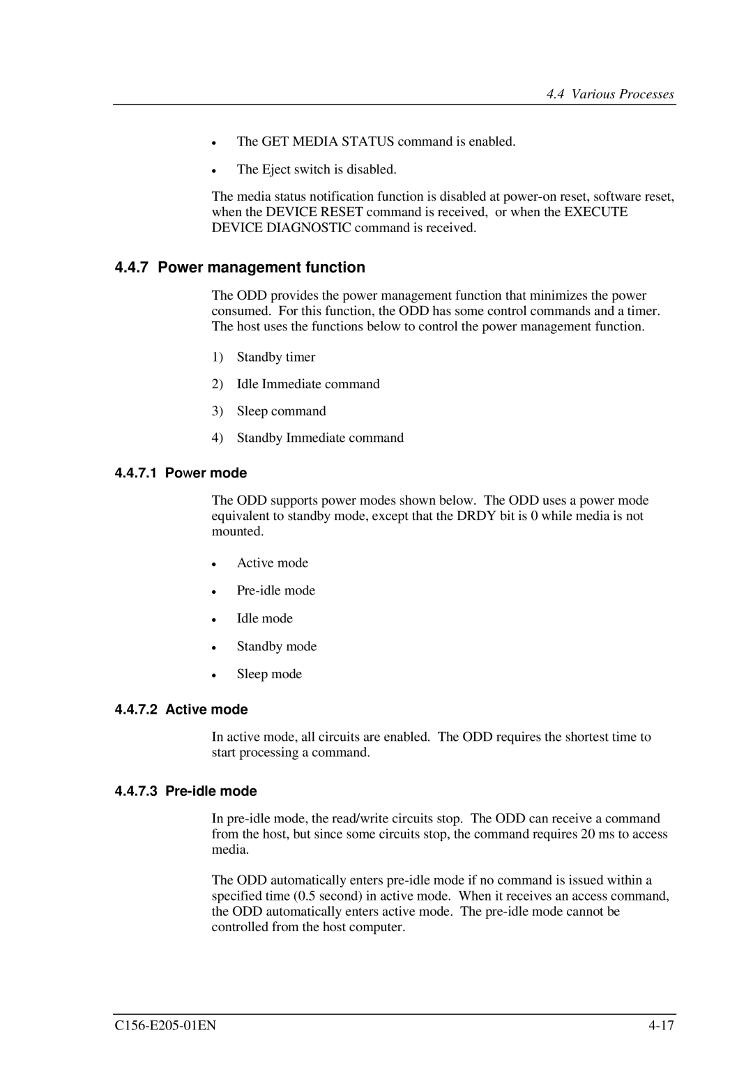 Fujitsu MCJ3230AP manual Power management function, Power mode, Active mode, Pre-idle mode 