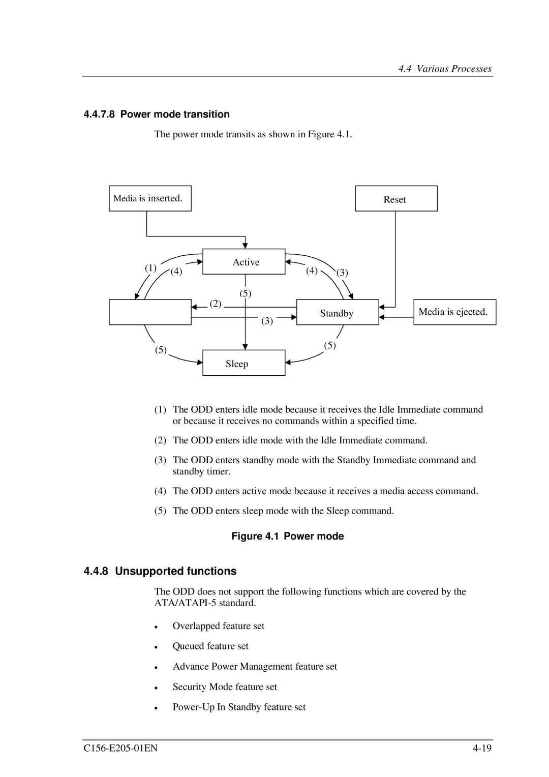 Fujitsu MCJ3230AP manual Unsupported functions, Power mode transition 