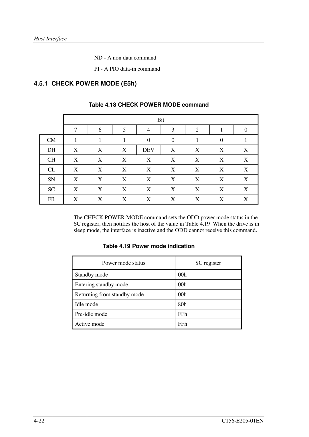 Fujitsu MCJ3230AP manual Check Power Mode E5h, Power mode indication 