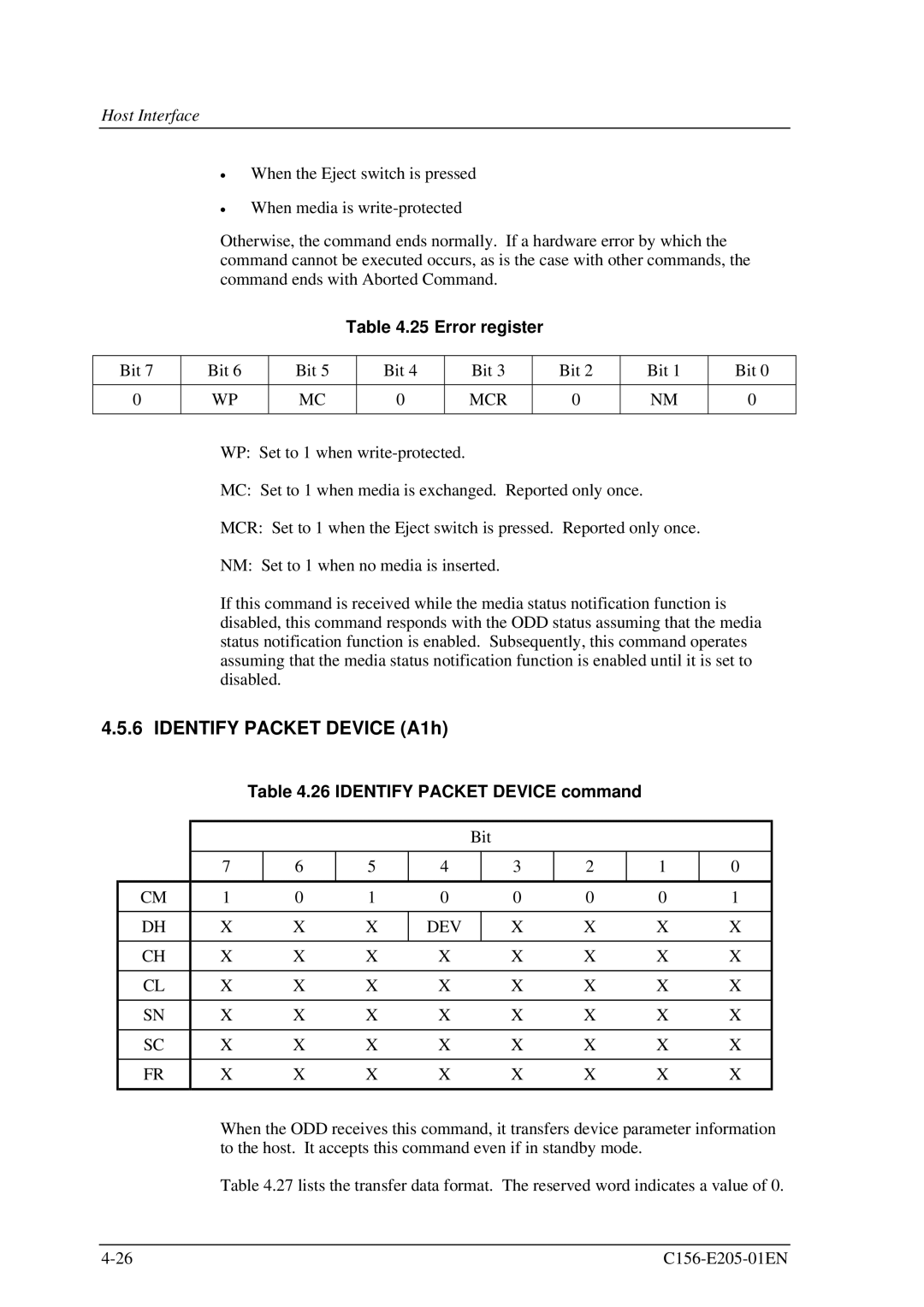 Fujitsu MCJ3230AP manual Identify Packet Device A1h, Error register 