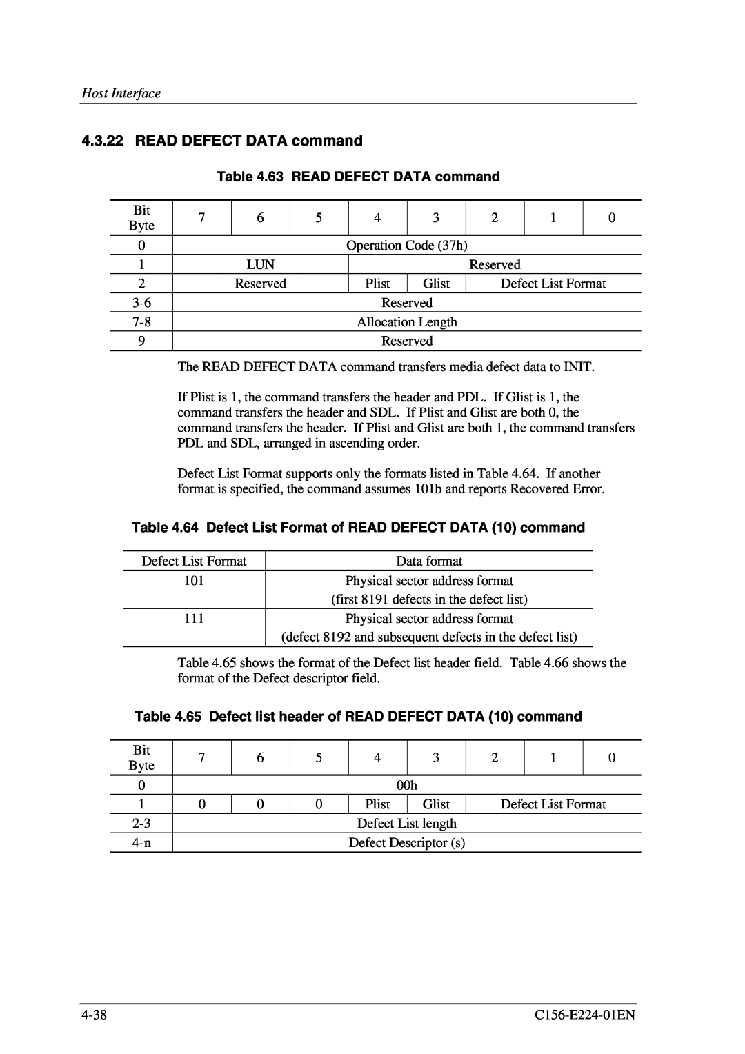 Fujitsu MCJ3230SS manual 63 READ DEFECT DATA command, 64 Defect List Format of READ DEFECT DATA 10 command 