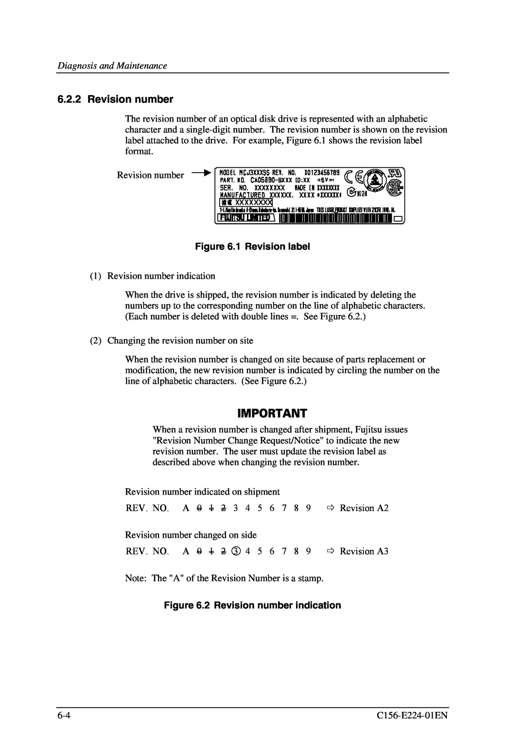 Fujitsu MCJ3230SS manual 1 Revision label, 2 Revision number indication 