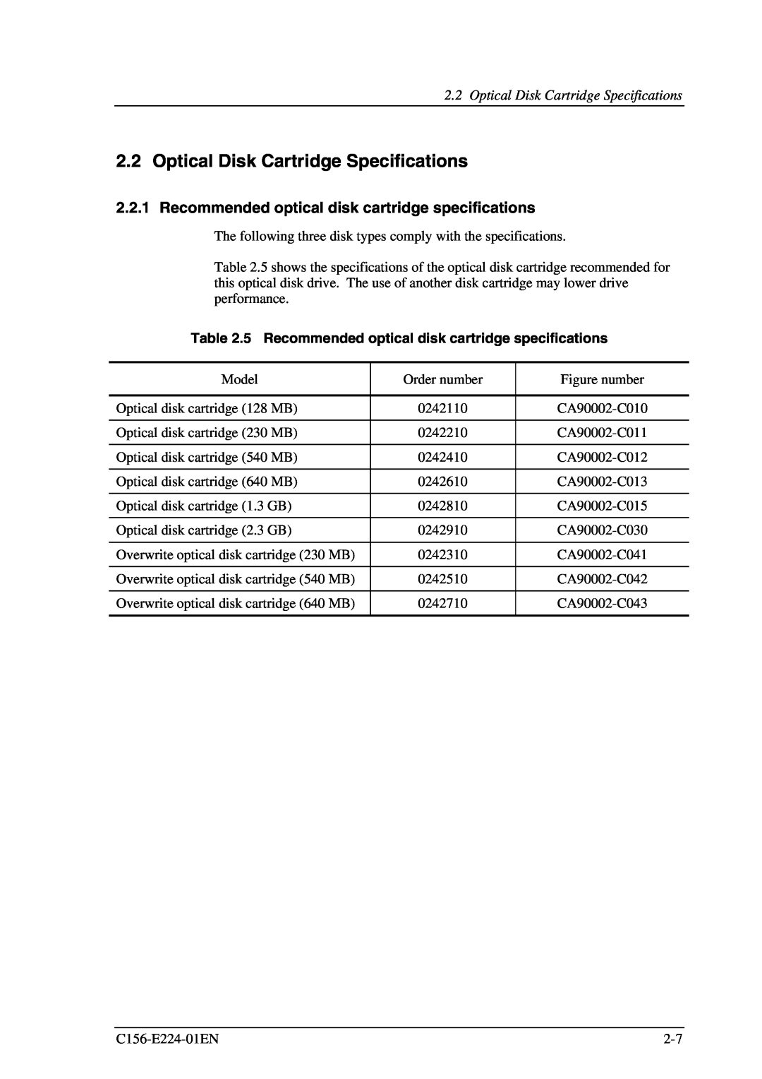 Fujitsu MCJ3230SS manual Optical Disk Cartridge Specifications, Recommended optical disk cartridge specifications 