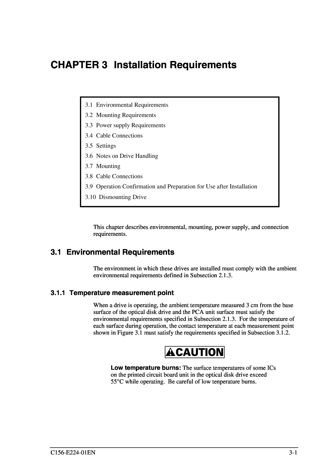 Fujitsu MCJ3230SS manual Installation Requirements, Environmental Requirements, Temperature measurement point 