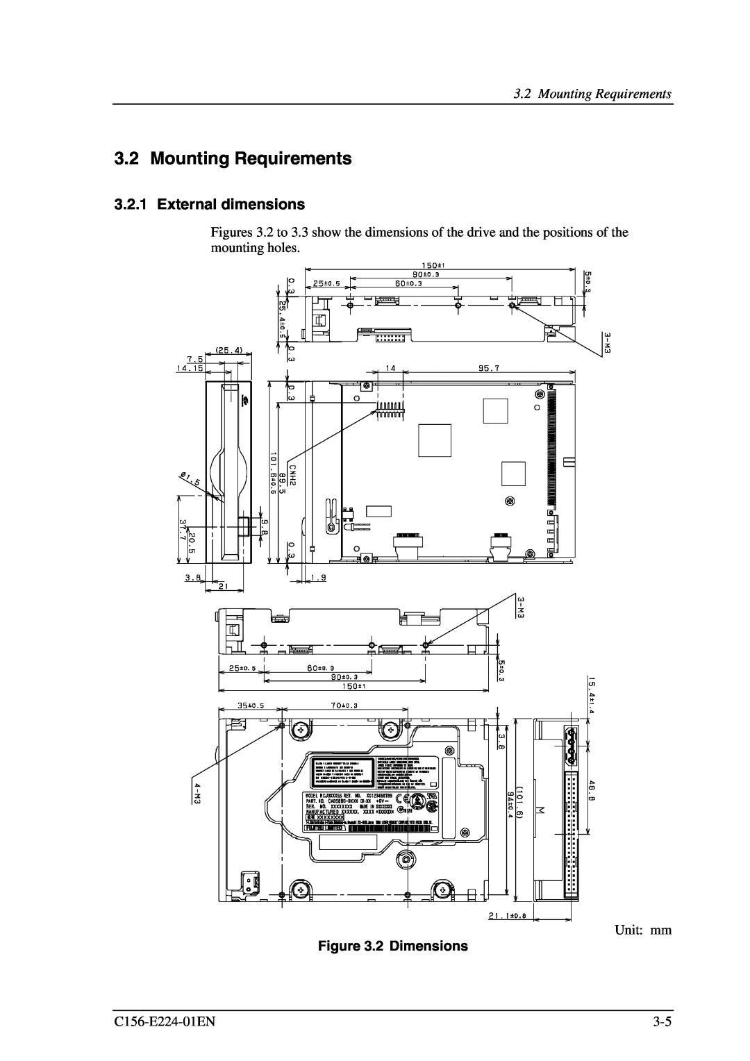 Fujitsu MCJ3230SS manual Mounting Requirements, External dimensions, 2 Dimensions 
