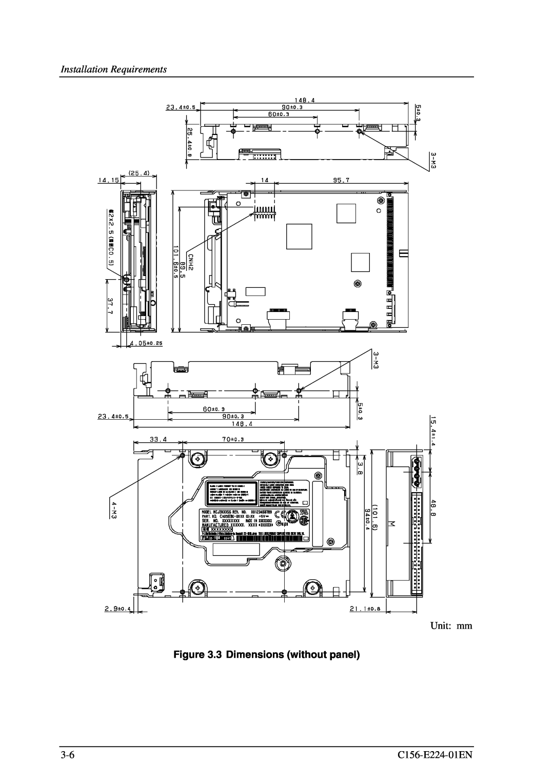 Fujitsu MCJ3230SS manual 3 Dimensions without panel, Unit mm, C156-E224-01EN 