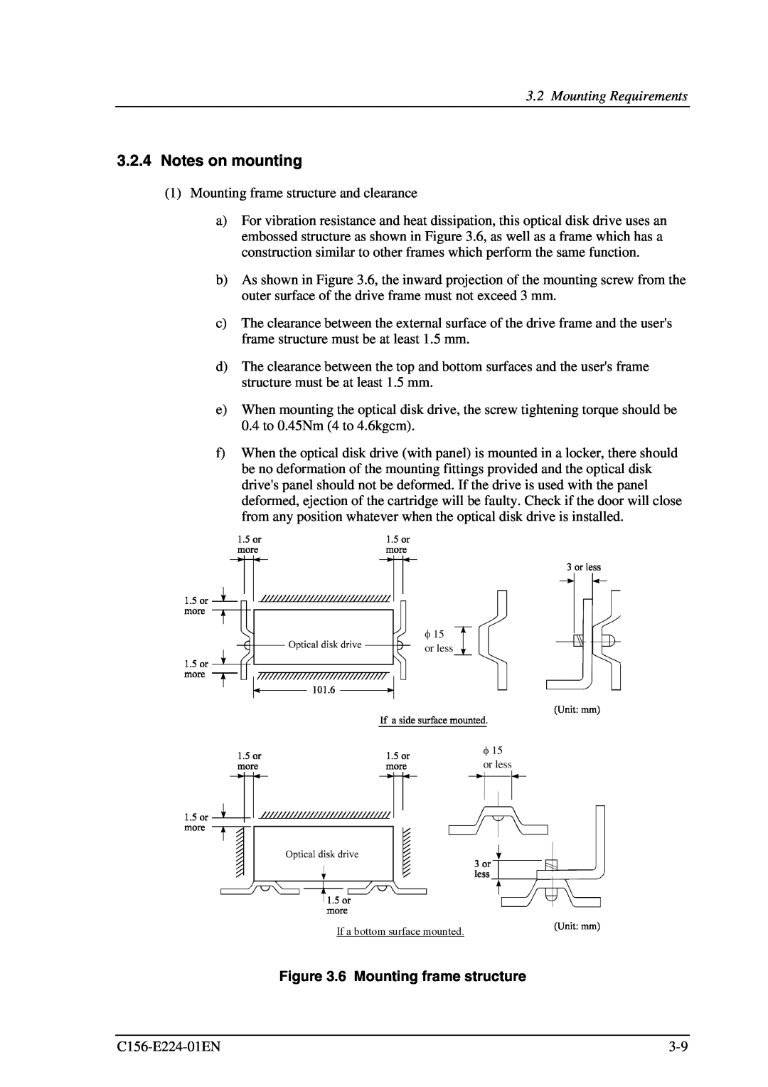 Fujitsu MCJ3230SS manual Notes on mounting, 6 Mounting frame structure 