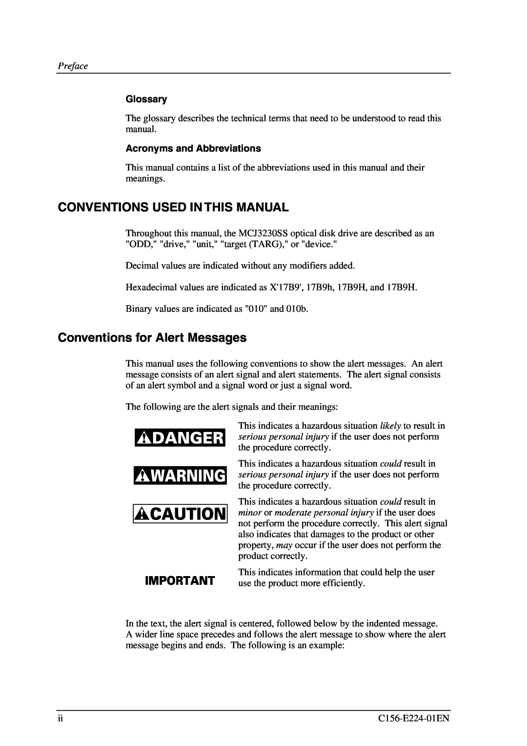 Fujitsu MCJ3230SS Conventions Used In This Manual, Conventions for Alert Messages, Glossary, Acronyms and Abbreviations 