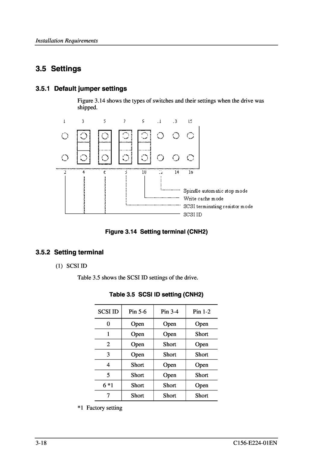 Fujitsu MCJ3230SS manual Settings, Default jumper settings, 14 Setting terminal CNH2, 5 SCSI ID setting CNH2 