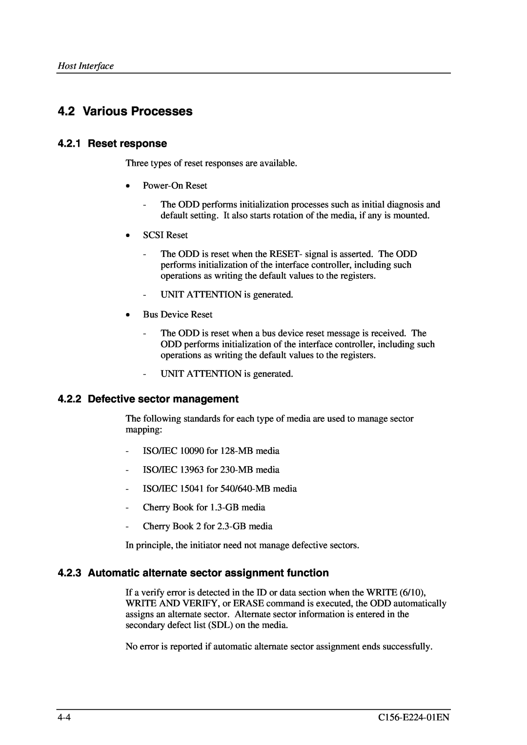 Fujitsu MCJ3230SS manual Various Processes, Reset response, Defective sector management 