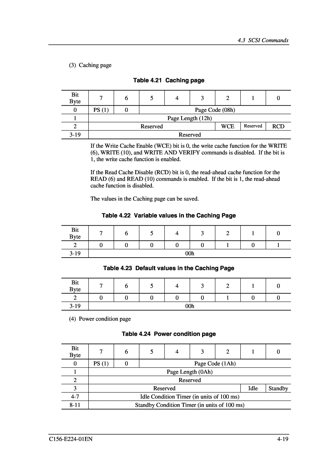 Fujitsu MCJ3230SS manual 21 Caching page, 22 Variable values in the Caching Page, 24 Power condition page 