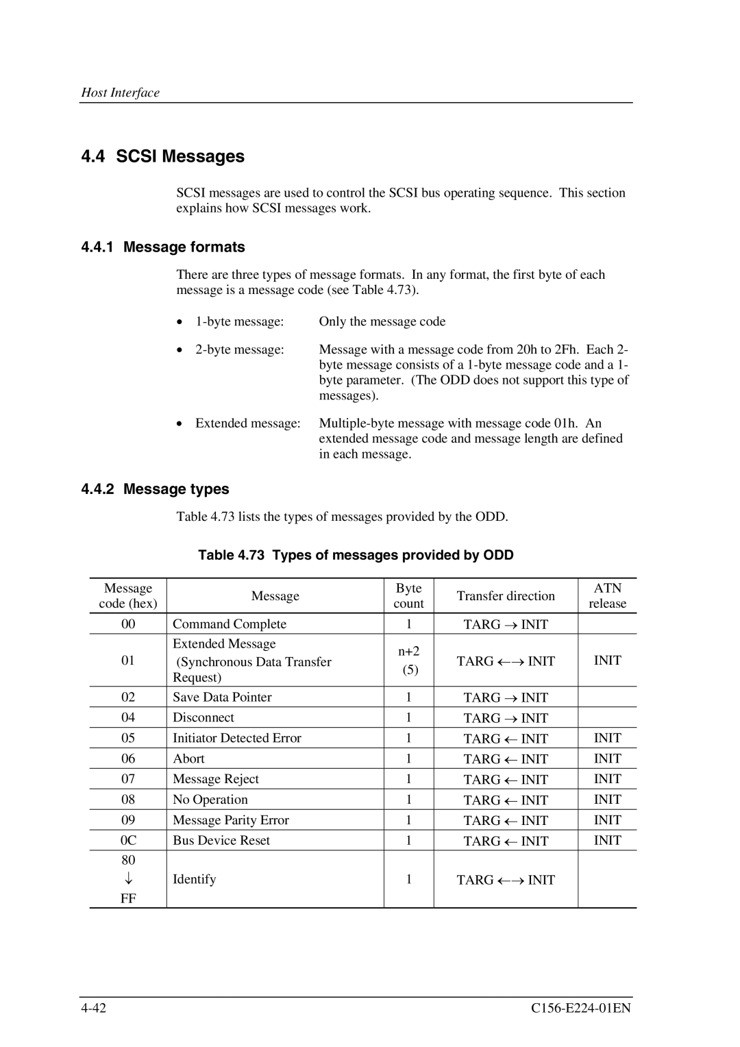 Fujitsu MCJ3230SS manual Scsi Messages, Message formats, Message types, Types of messages provided by ODD, Atn 