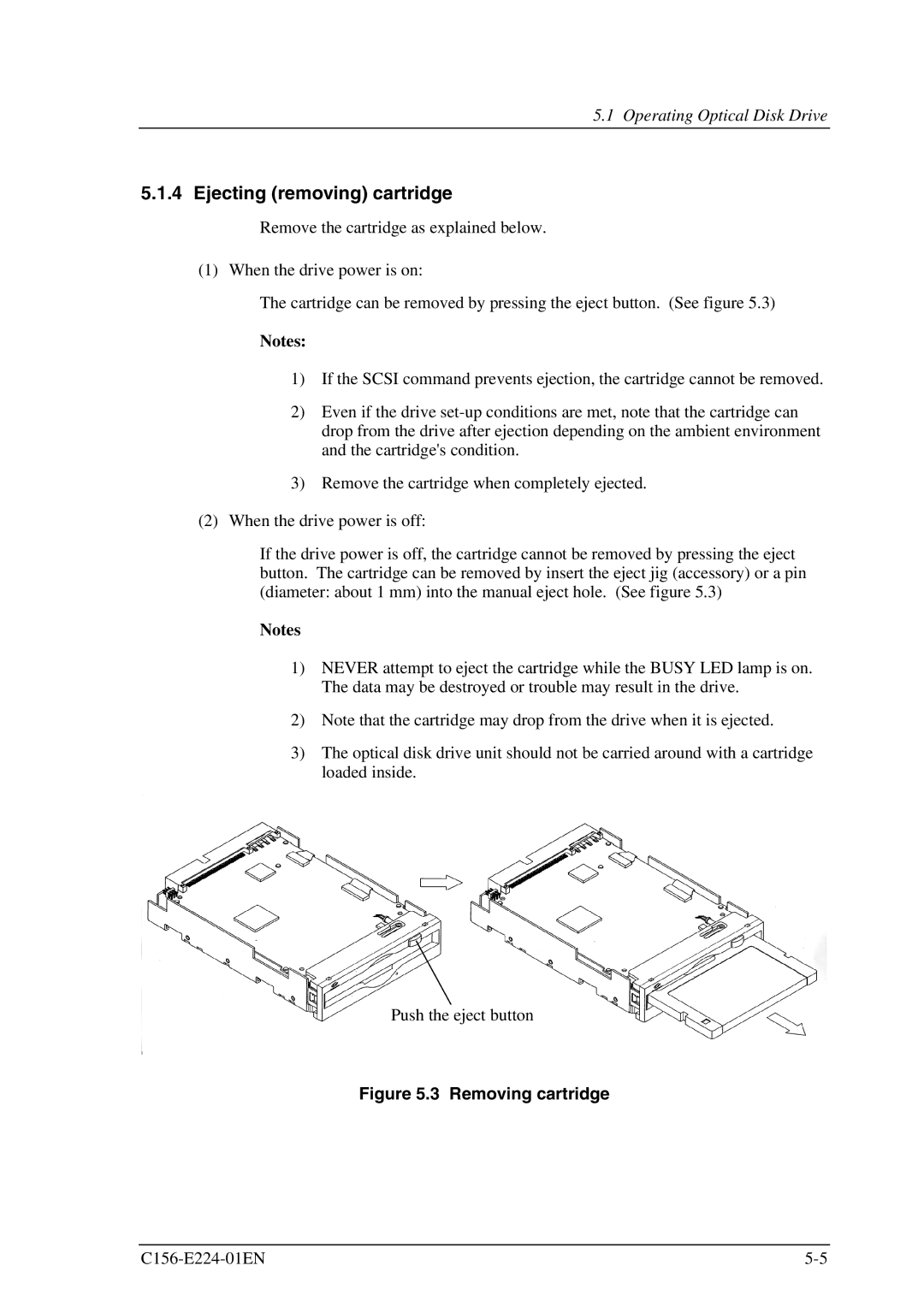 Fujitsu MCJ3230SS manual Ejecting removing cartridge, Removing cartridge 