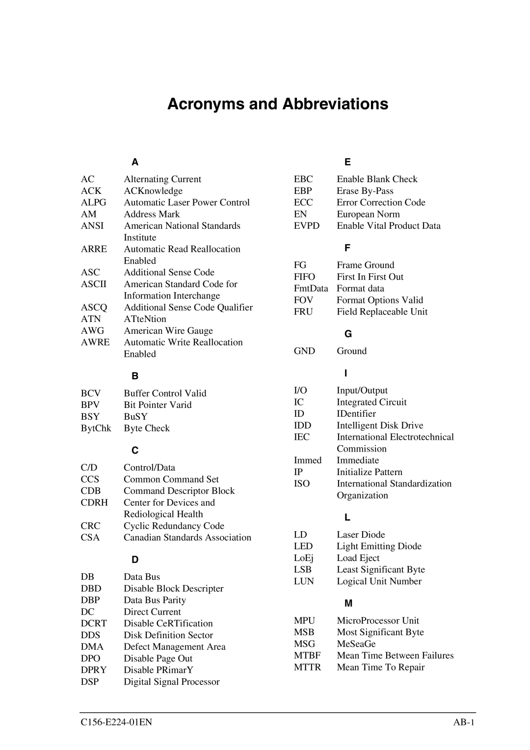 Fujitsu MCJ3230SS manual Acronyms and Abbreviations 