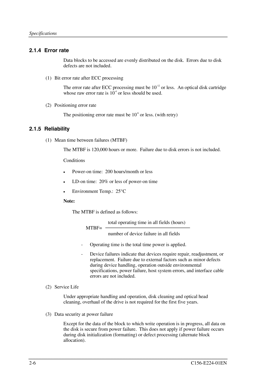 Fujitsu MCJ3230SS manual Error rate, Mtbf= 