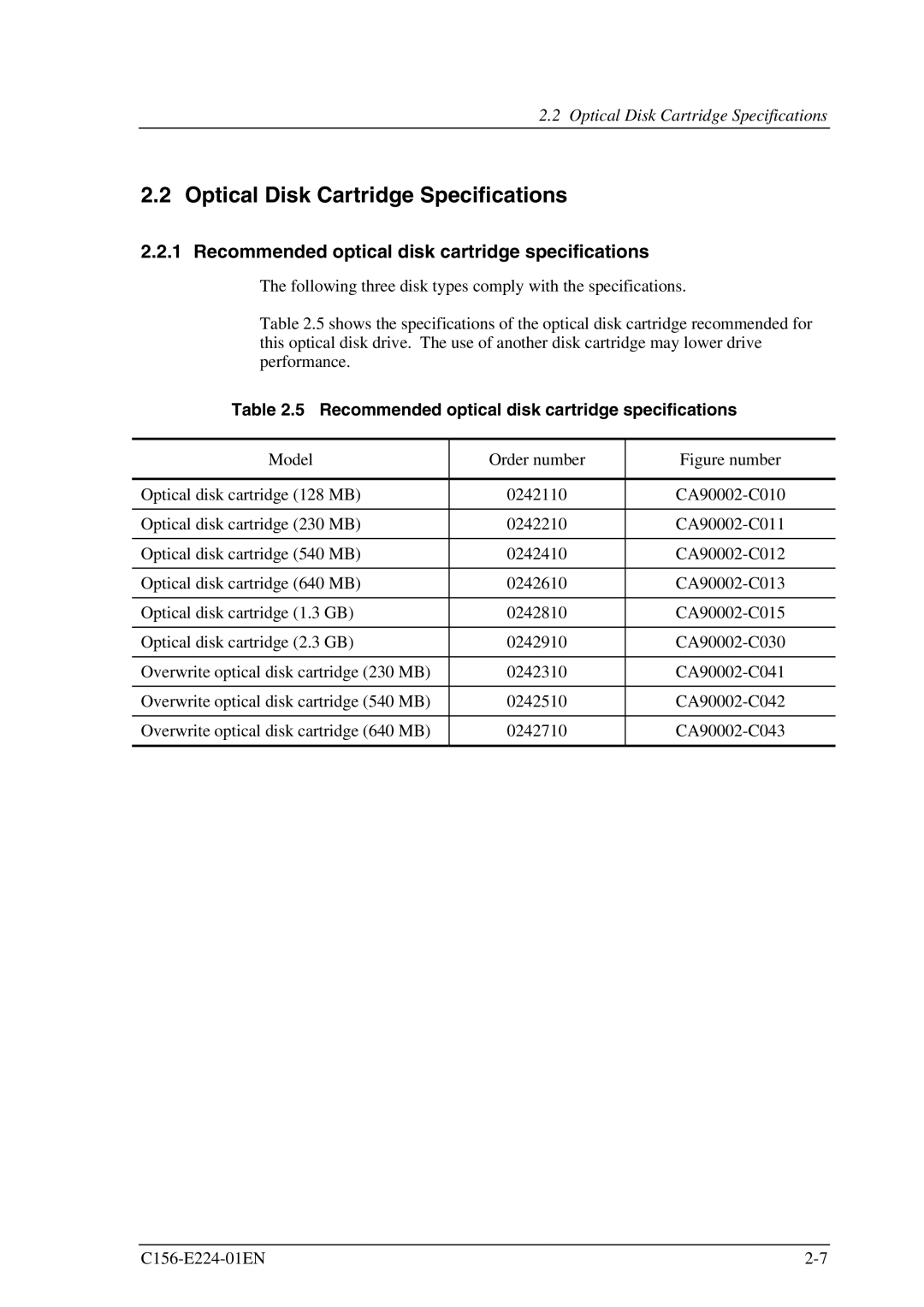 Fujitsu MCJ3230SS manual Optical Disk Cartridge Specifications, Recommended optical disk cartridge specifications 