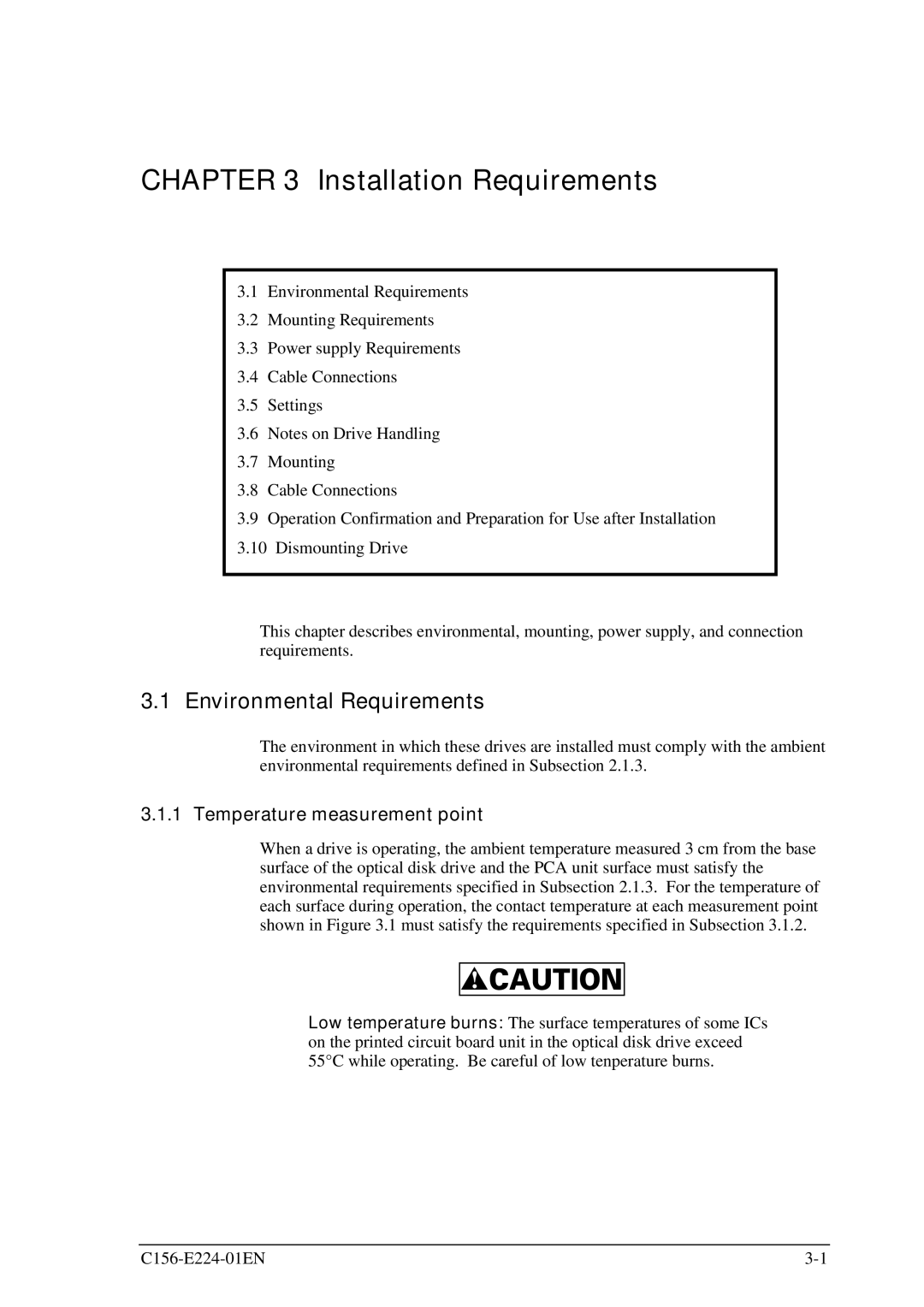 Fujitsu MCJ3230SS manual Installation Requirements, Environmental Requirements, Temperature measurement point 