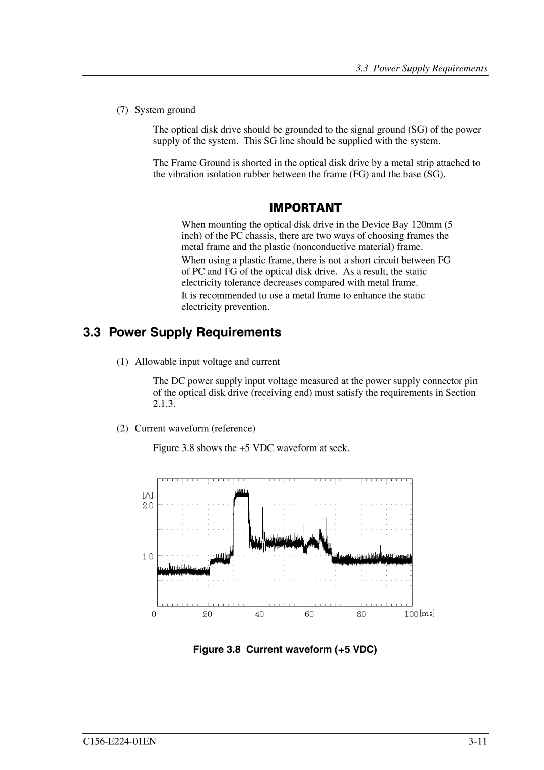 Fujitsu MCJ3230SS manual Power Supply Requirements, Current waveform +5 VDC 