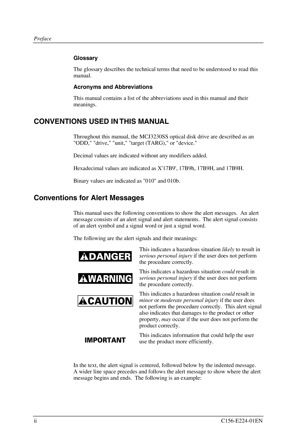 Fujitsu MCJ3230SS manual Conventions for Alert Messages, Glossary, Acronyms and Abbreviations 