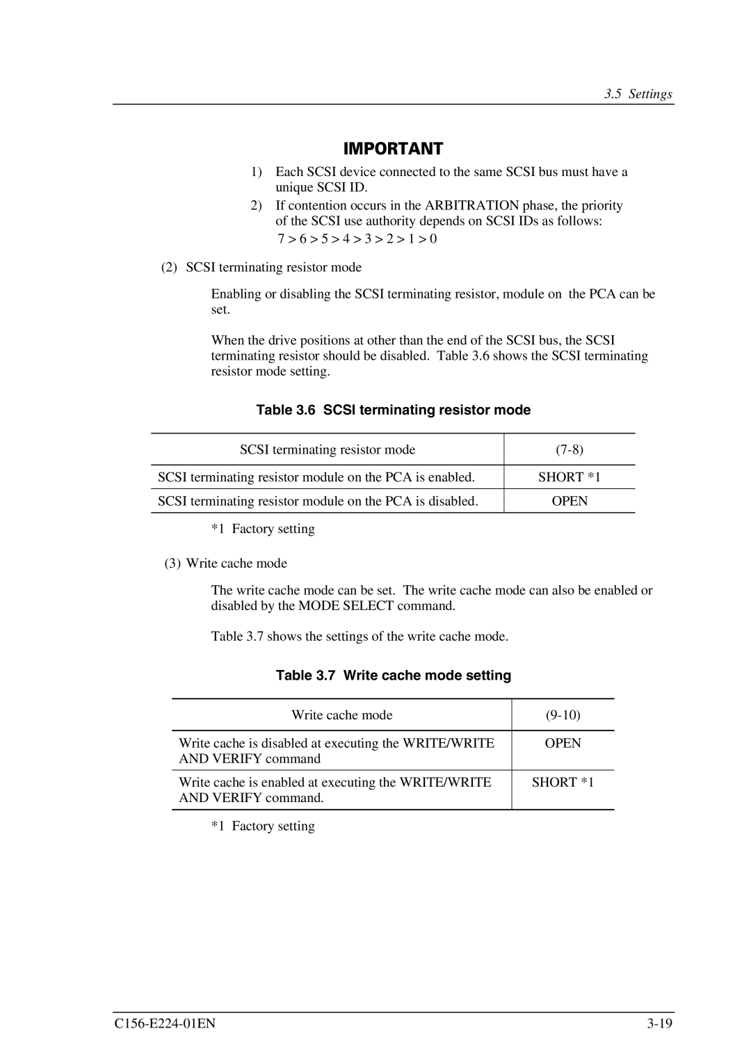 Fujitsu MCJ3230SS manual Scsi terminating resistor mode, Write cache mode setting 