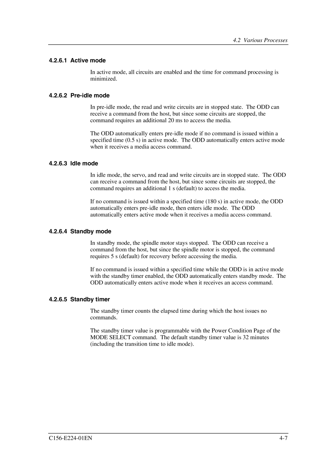 Fujitsu MCJ3230SS manual Active mode, Pre-idle mode, Idle mode, Standby mode, Standby timer 