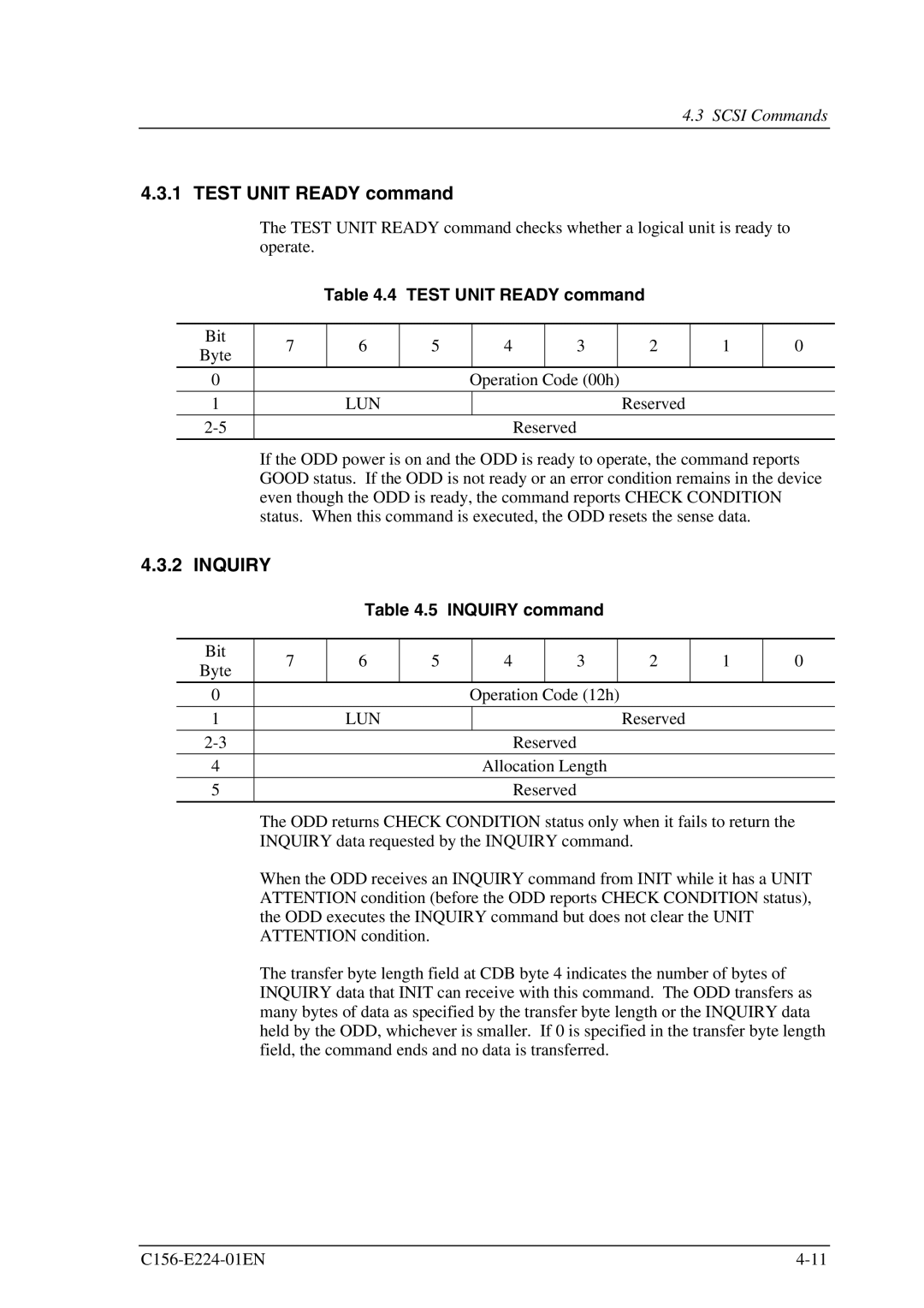 Fujitsu MCJ3230SS manual Test Unit Ready command, Inquiry command 