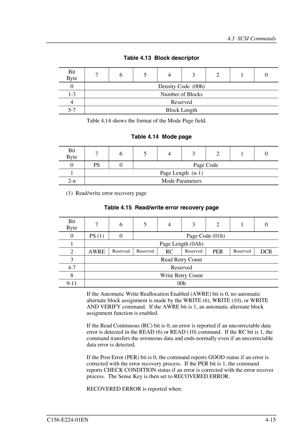 Fujitsu MCJ3230SS manual Block descriptor, Mode, Read/write error recovery 