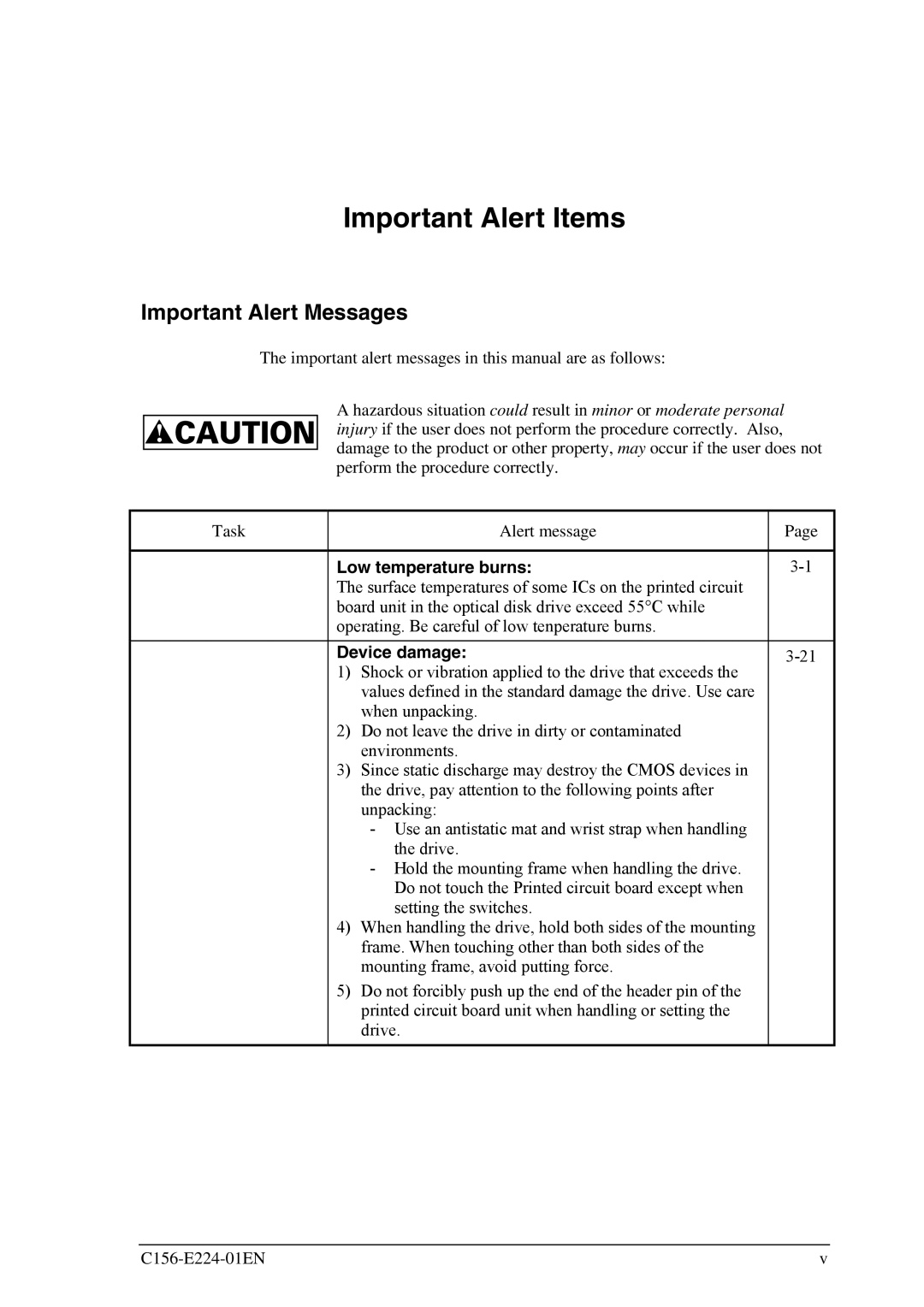 Fujitsu MCJ3230SS manual Important Alert Items, Important Alert Messages, Low temperature burns, Device damage 