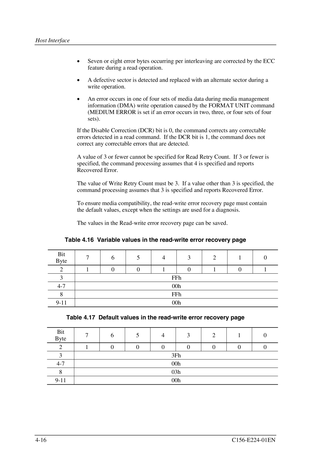 Fujitsu MCJ3230SS manual Variable values in the read-write error recovery, Default values in the read-write error recovery 