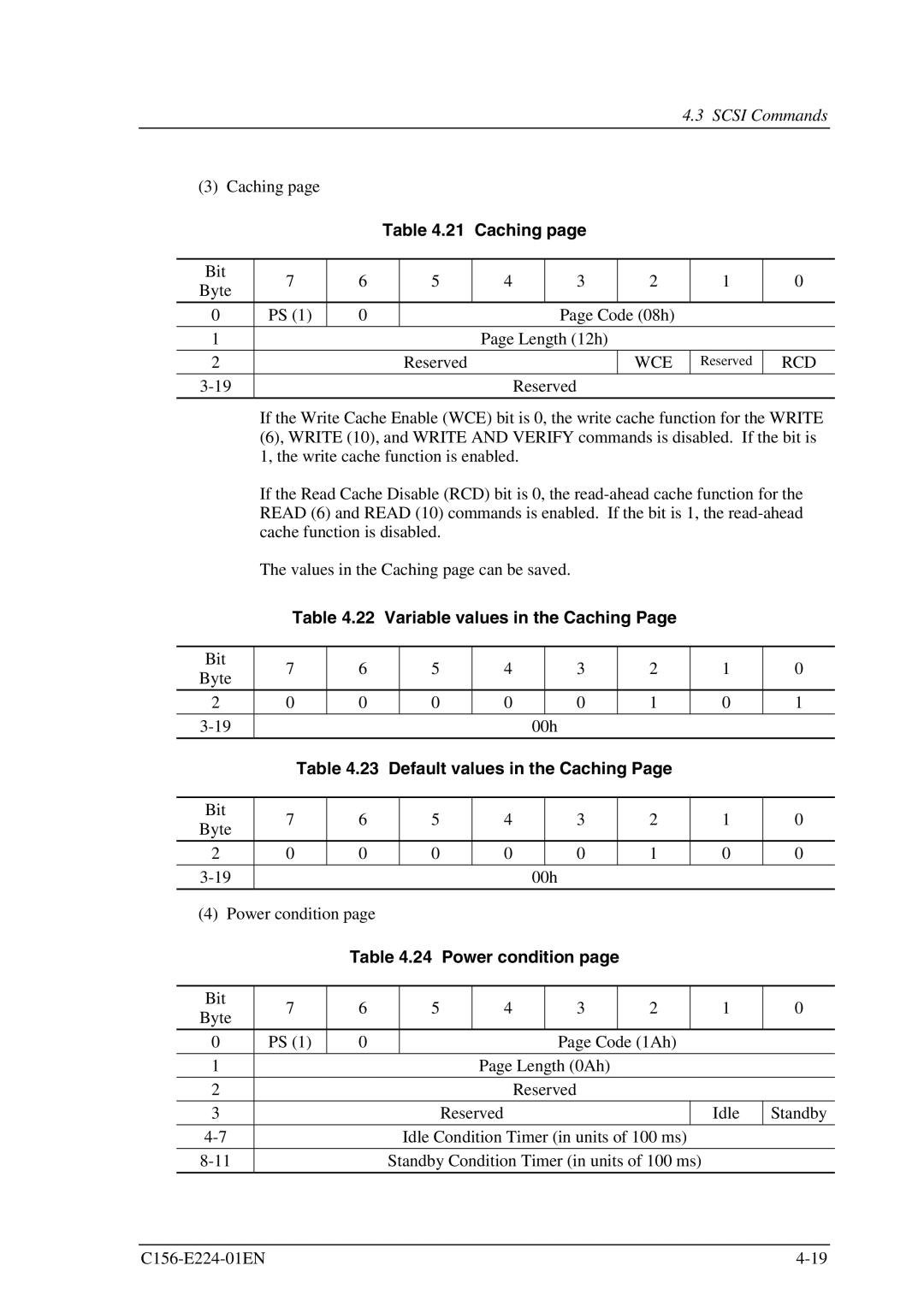 Fujitsu MCJ3230SS manual Variable values in the Caching, Power condition 