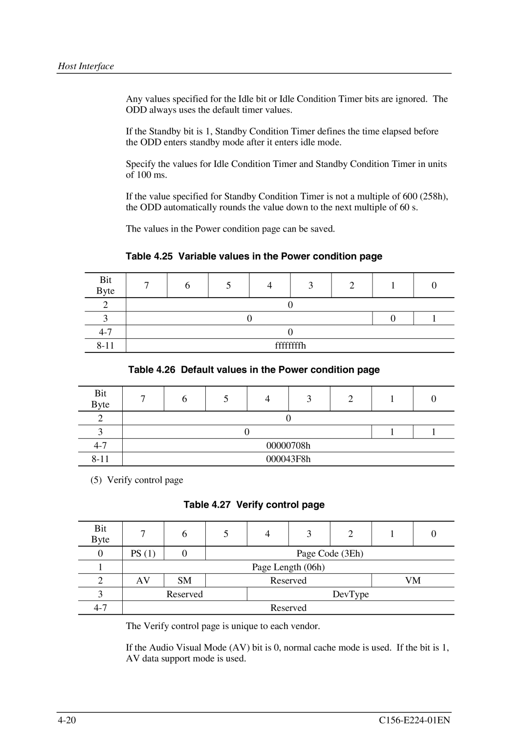 Fujitsu MCJ3230SS manual Variable values in the Power condition, Default values in the Power condition, Verify control 