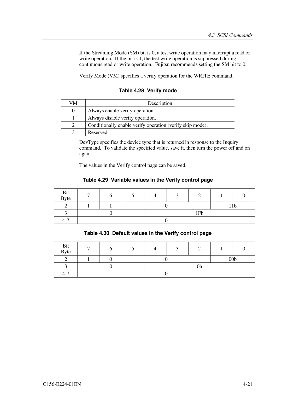 Fujitsu MCJ3230SS manual Verify mode, Variable values in the Verify control, Default values in the Verify control 