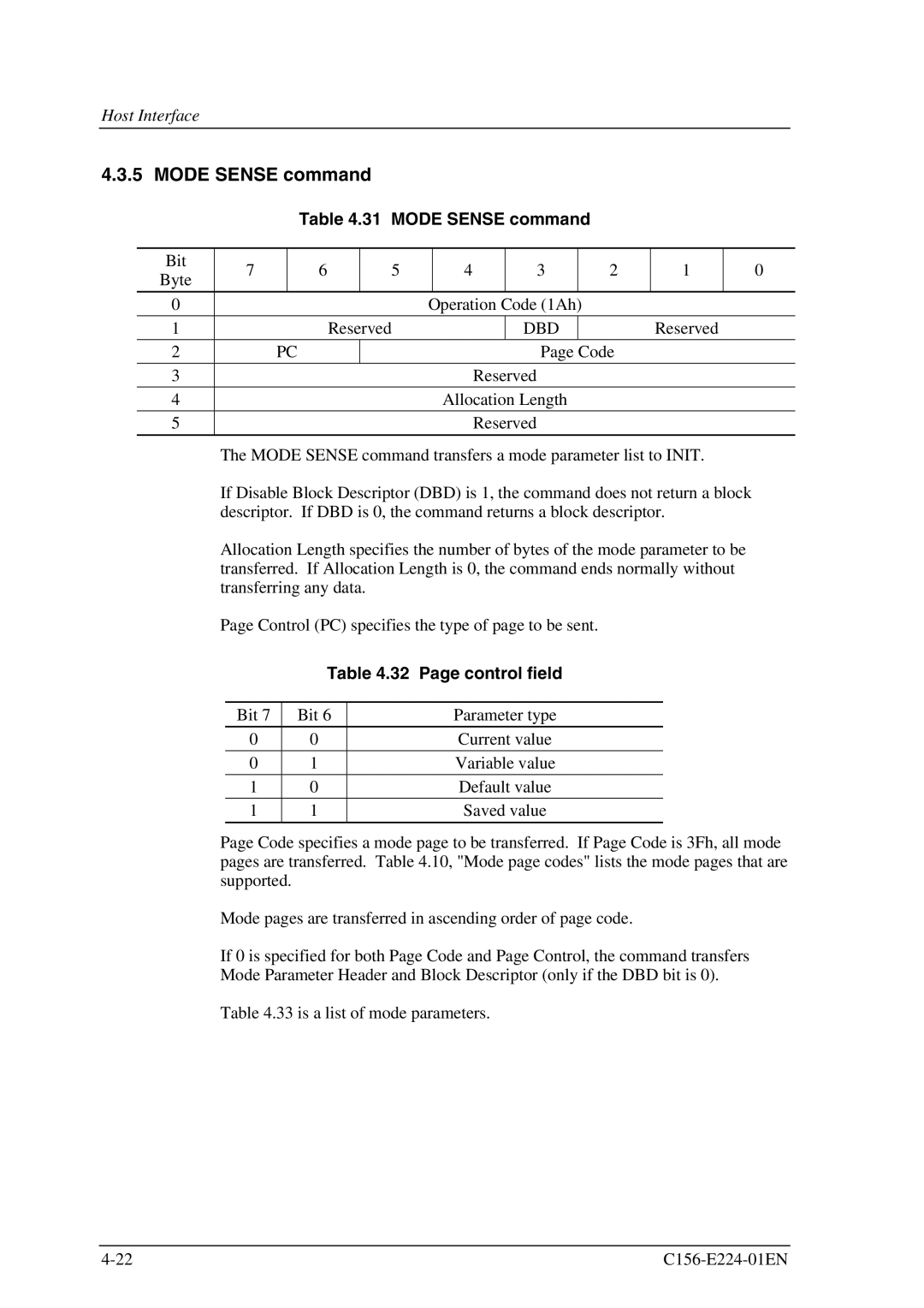 Fujitsu MCJ3230SS manual Mode Sense command, Control field 