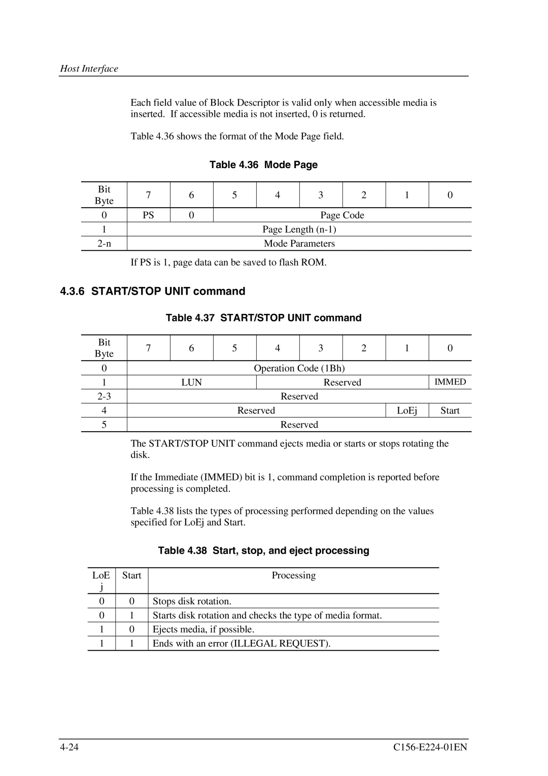 Fujitsu MCJ3230SS manual START/STOP Unit command, Mode, Start, stop, and eject processing 