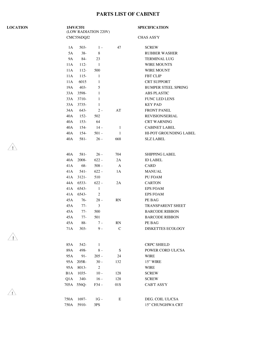 Fujitsu C551, MCM1514V, D556Q, 154V manual Parts List of Cabinet, Specification 