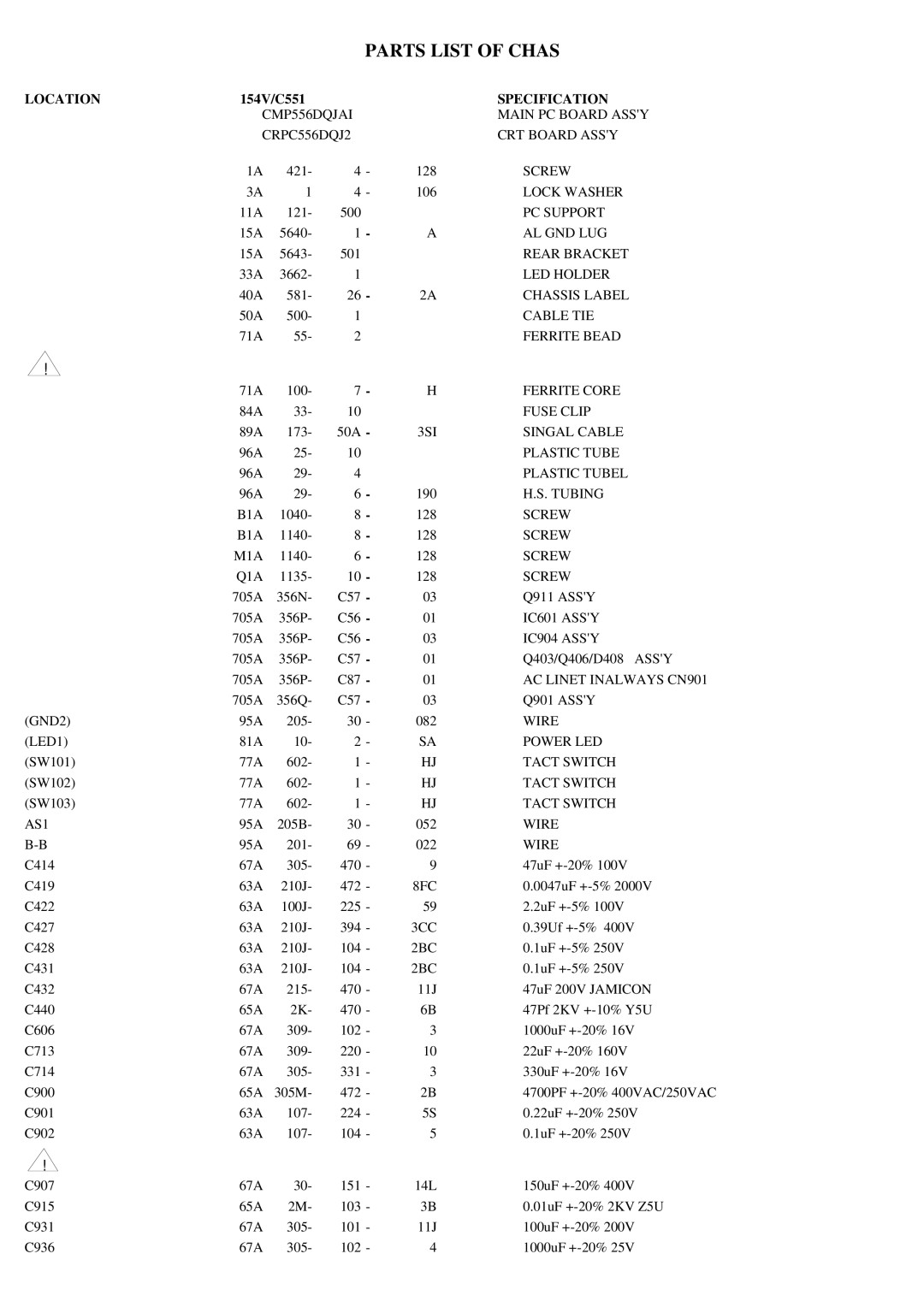 Fujitsu D556Q, MCM1514V, C551, 154V manual Parts List of Chas 