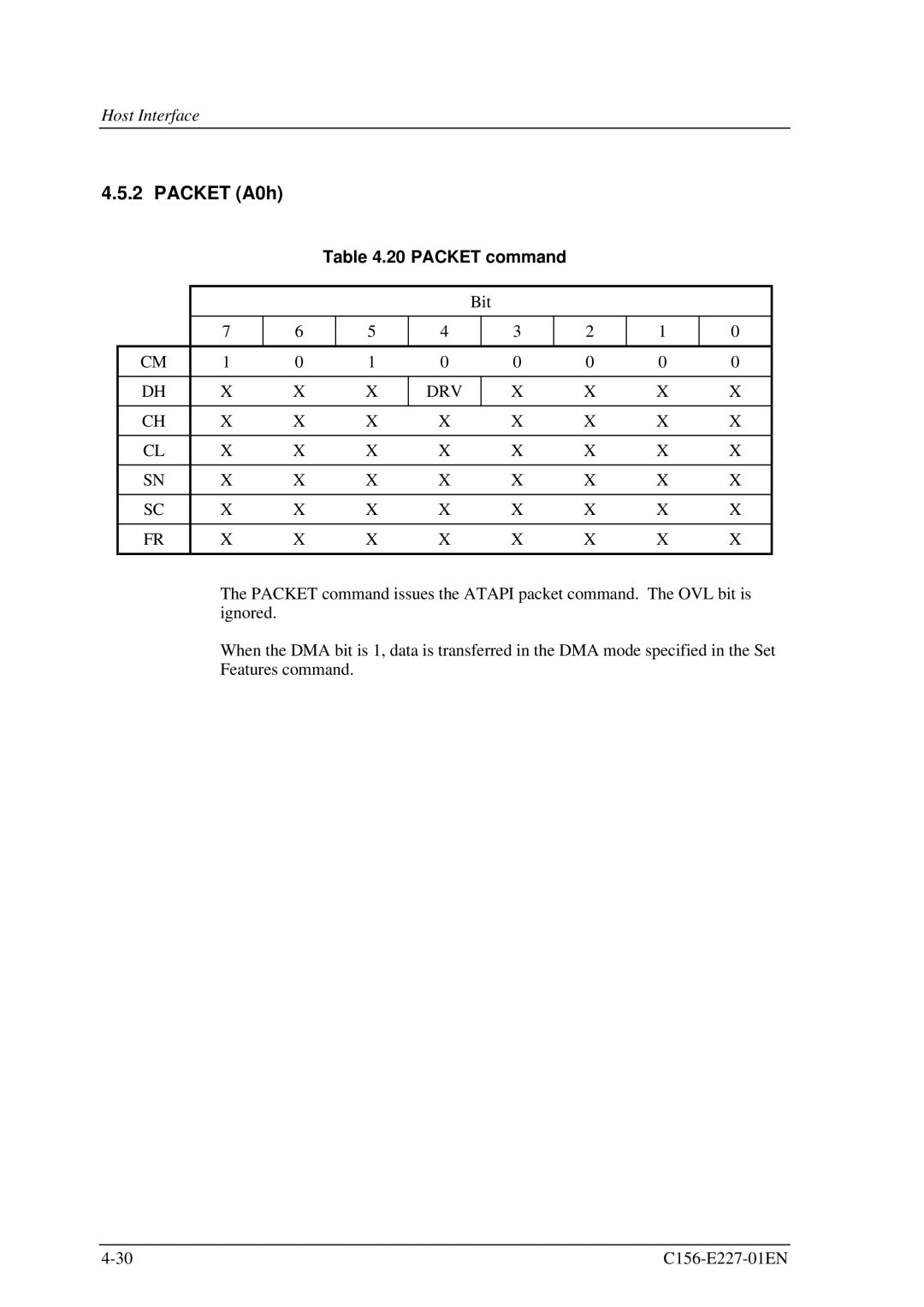 Fujitsu MCM3064AP, MCM3130AP manual Packet A0h, Packet command 