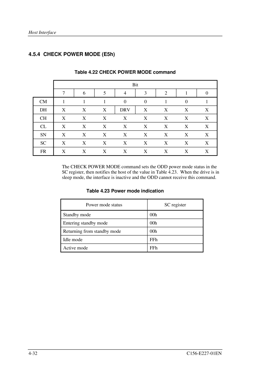 Fujitsu MCM3064AP, MCM3130AP manual Check Power Mode E5h, Power mode indication 