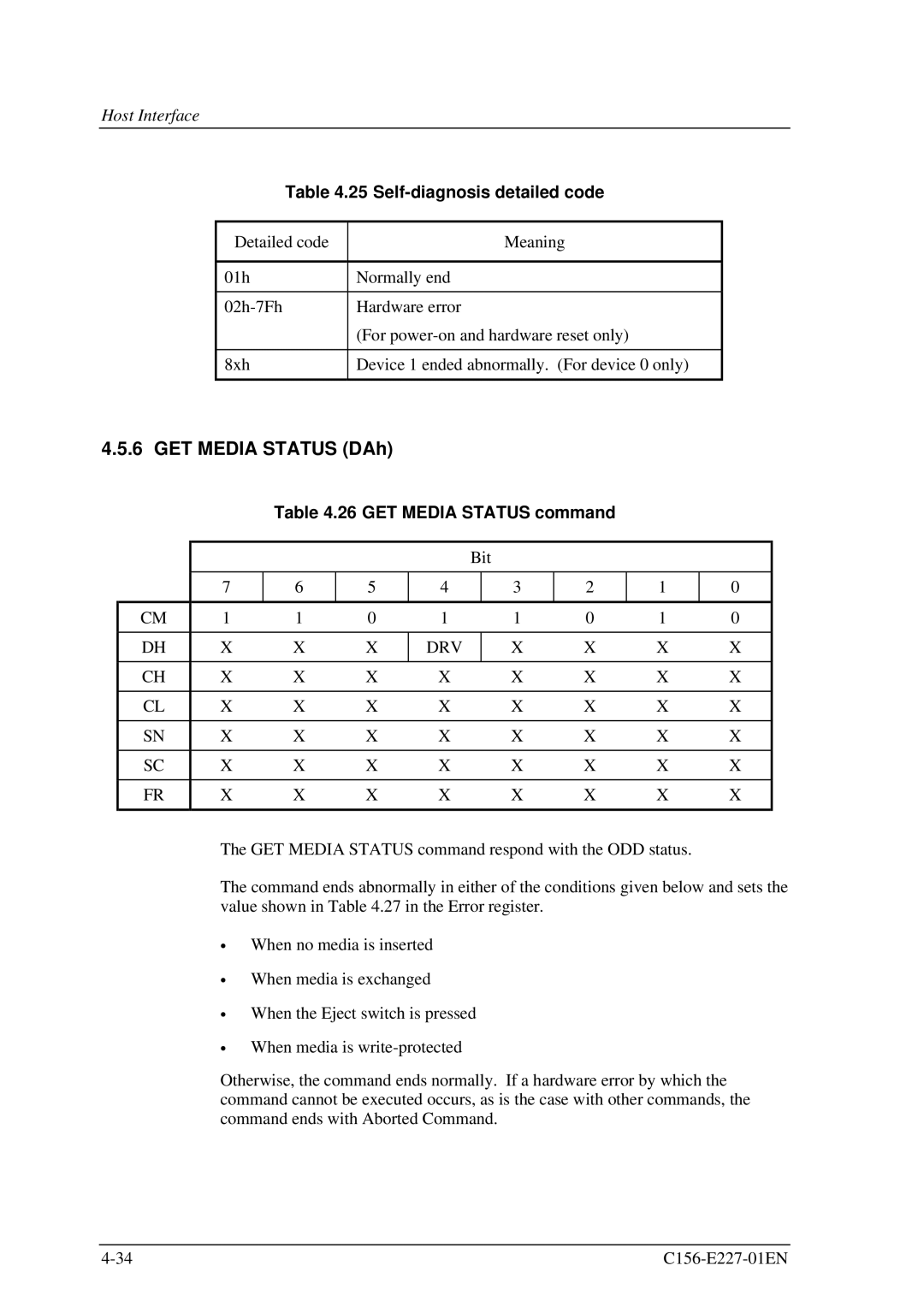 Fujitsu MCM3064AP, MCM3130AP manual GET Media Status DAh, Self-diagnosis detailed code, GET Media Status command 