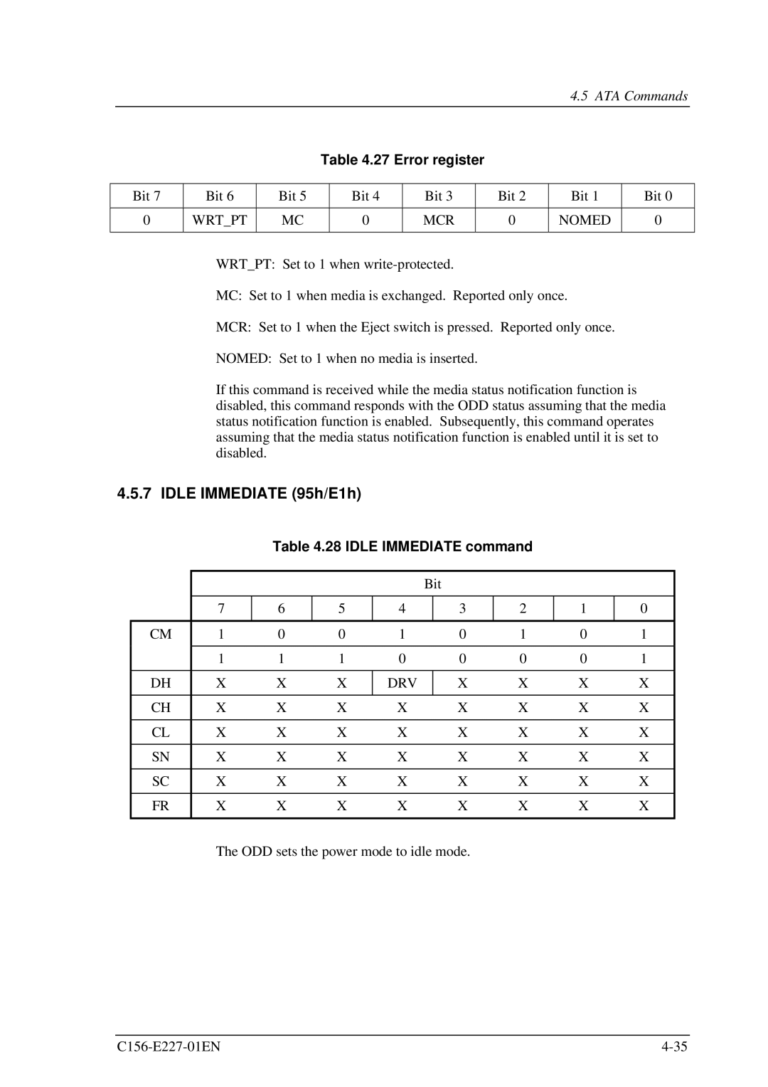 Fujitsu MCM3130AP, MCM3064AP manual Idle Immediate 95h/E1h, Error register, Idle Immediate command 