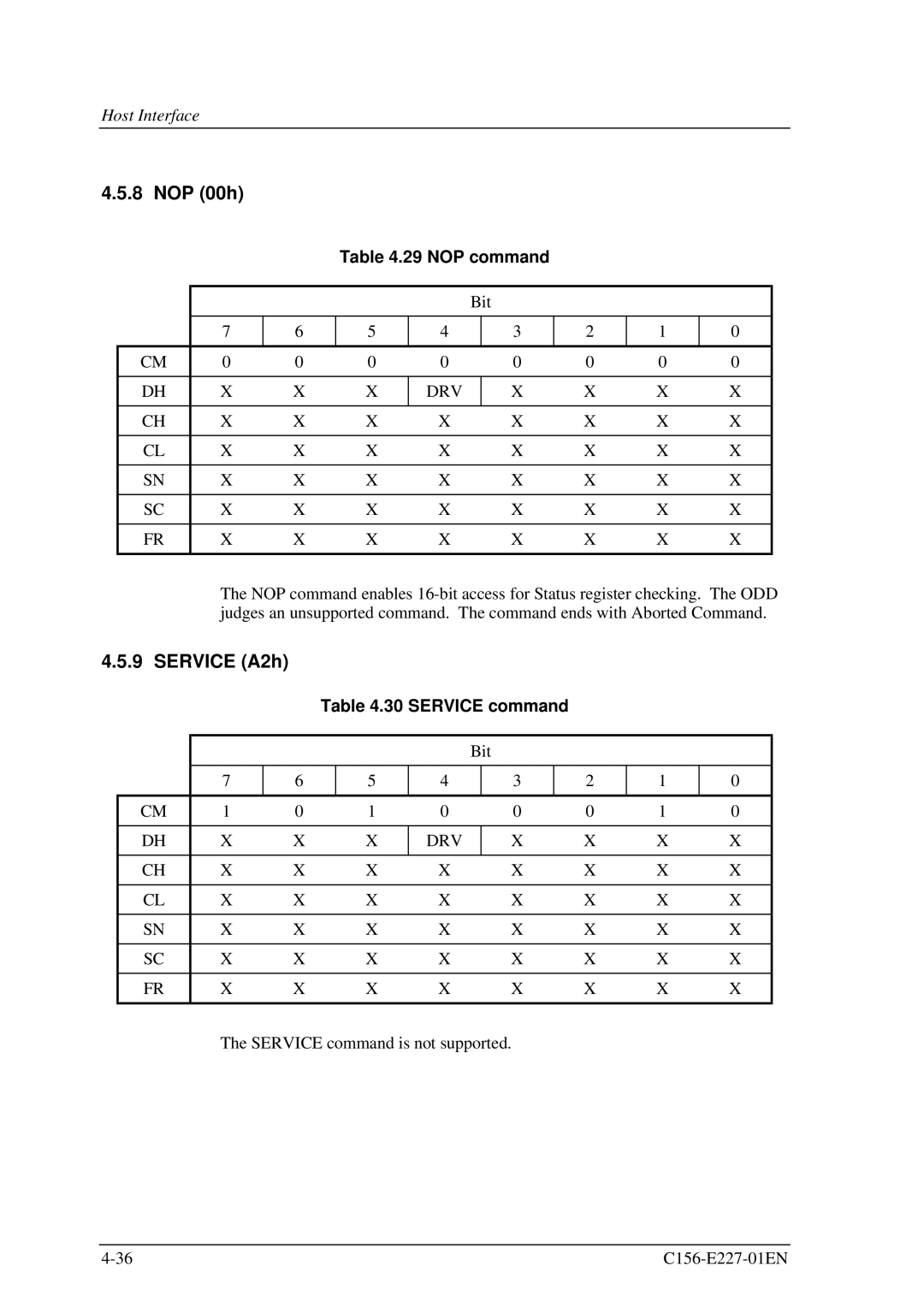 Fujitsu MCM3064AP, MCM3130AP manual NOP 00h, Service A2h, NOP command, Service command 