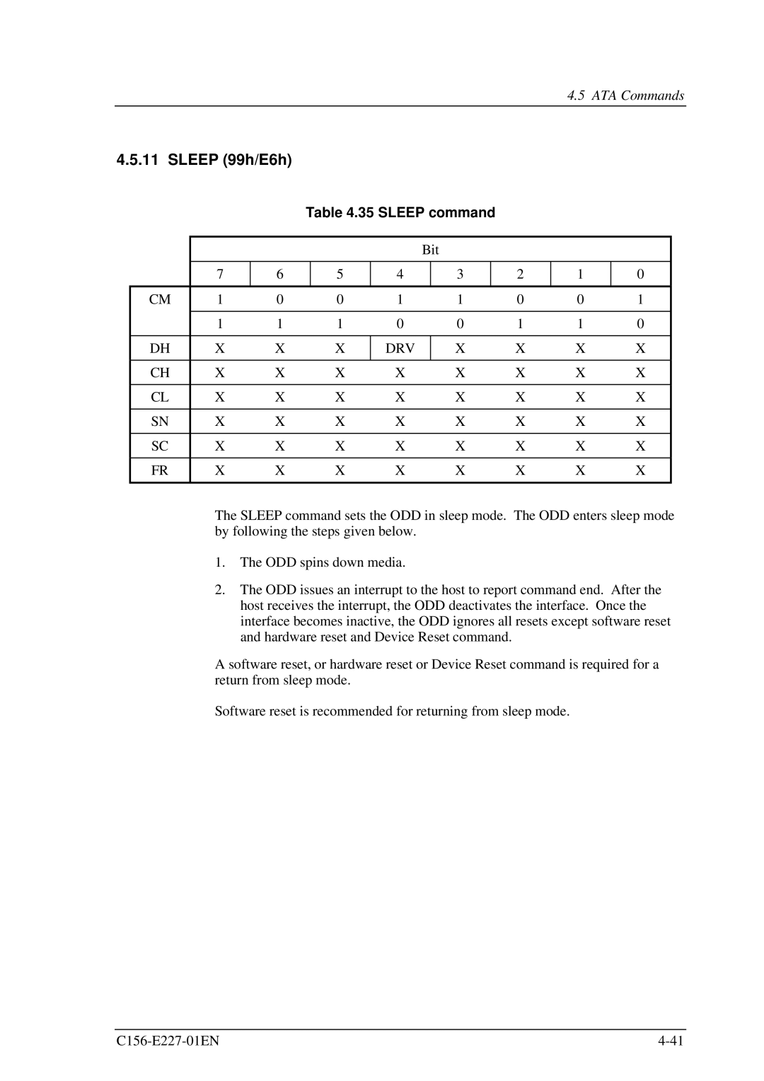 Fujitsu MCM3130AP, MCM3064AP manual Sleep 99h/E6h, Sleep command 