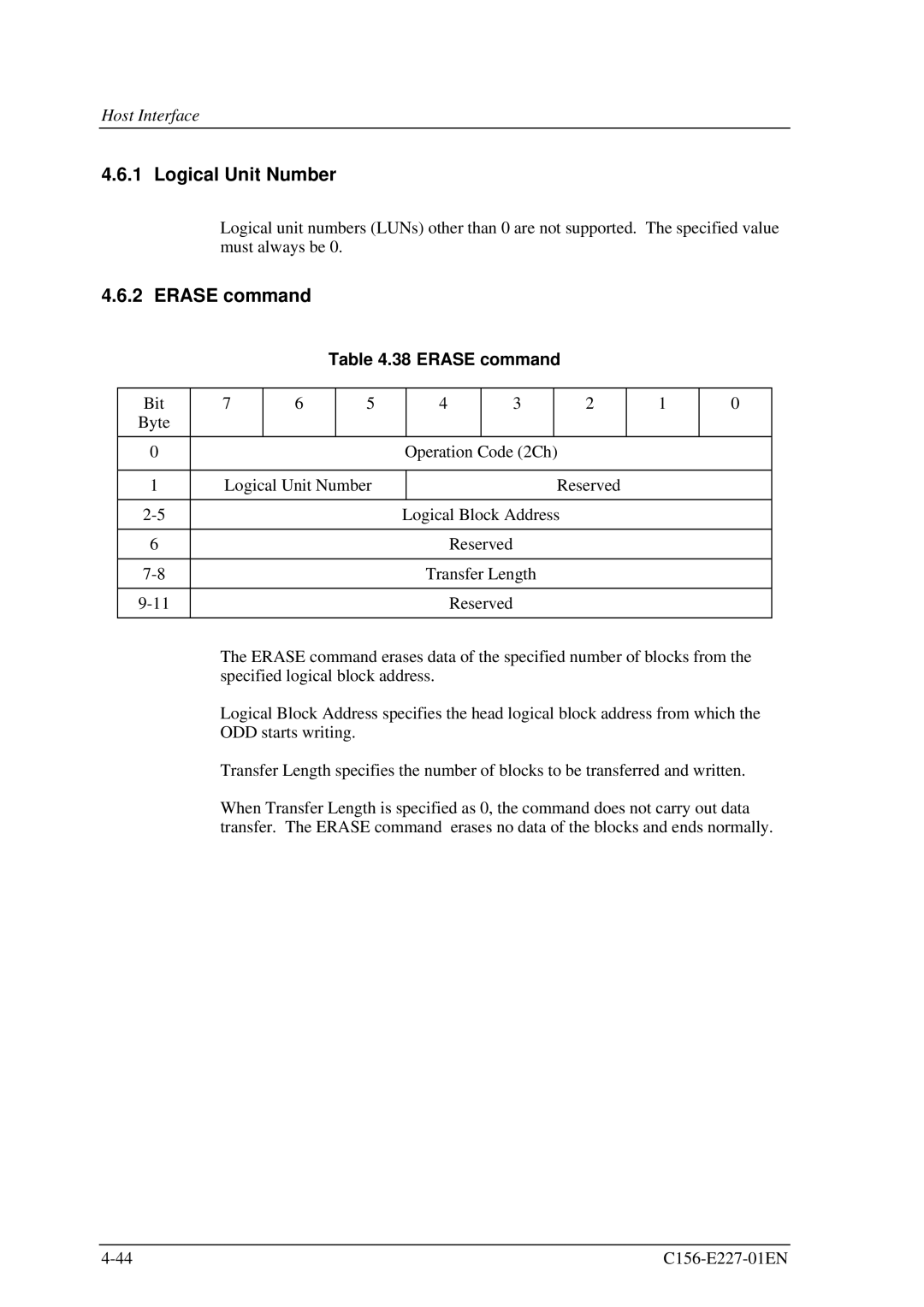 Fujitsu MCM3064AP, MCM3130AP manual Logical Unit Number, Erase command 