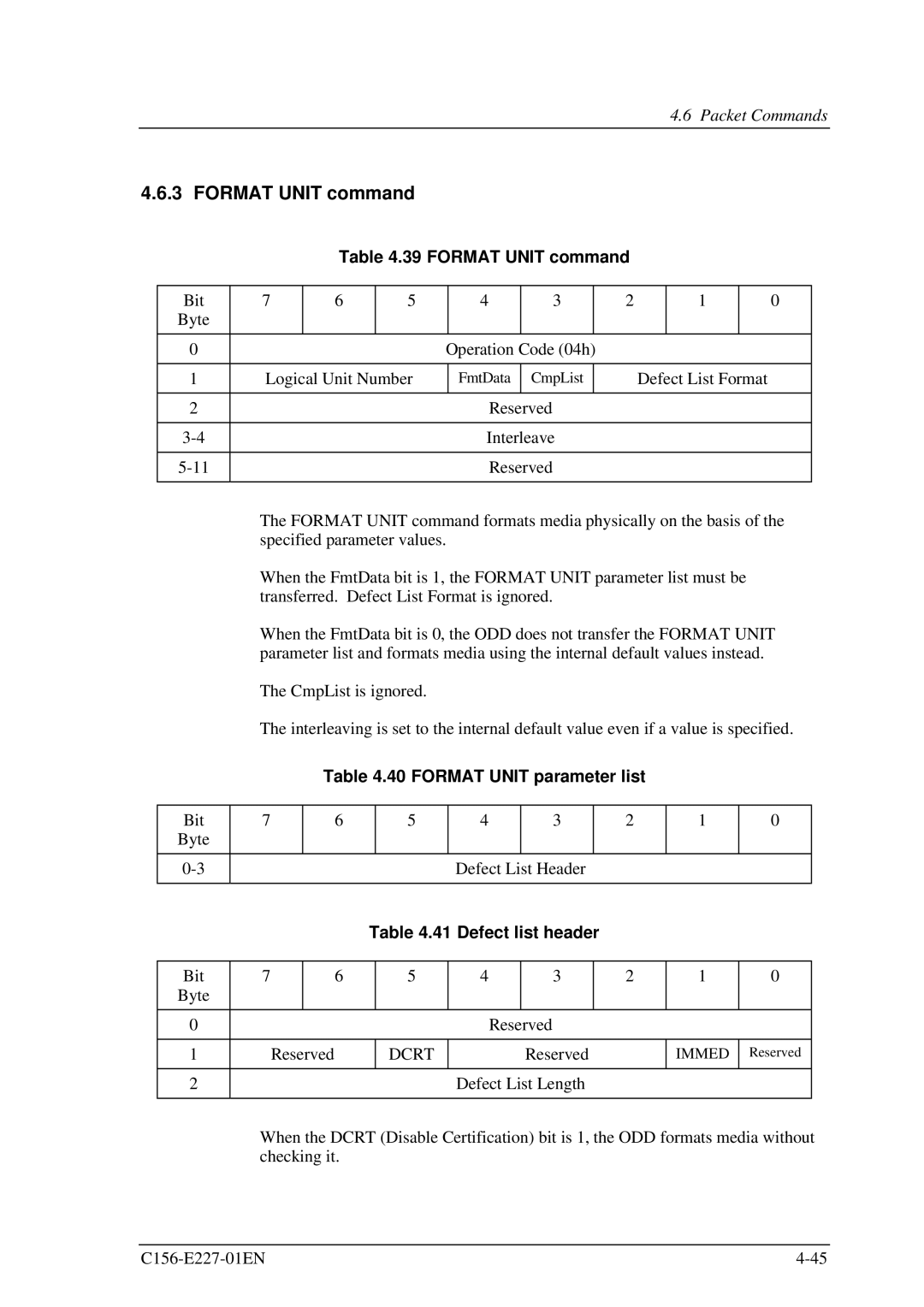 Fujitsu MCM3130AP, MCM3064AP manual Format Unit command, Format Unit parameter list 