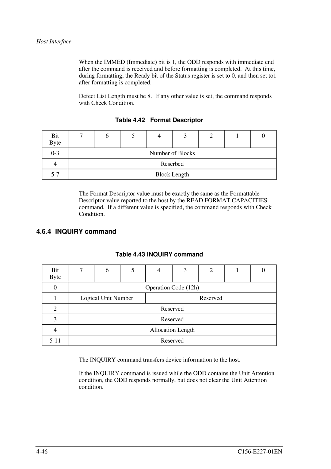 Fujitsu MCM3064AP, MCM3130AP manual Inquiry command, Format Descriptor 