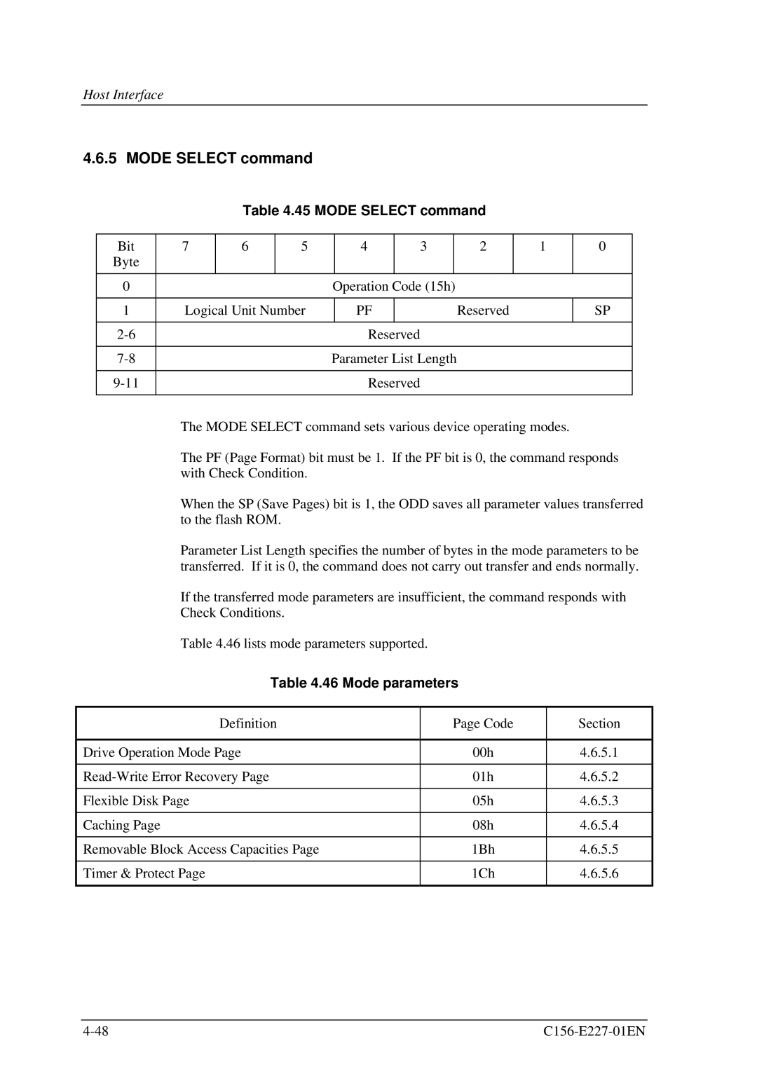 Fujitsu MCM3064AP, MCM3130AP manual Mode Select command, Mode parameters 