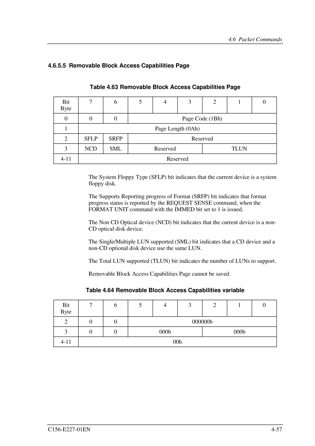 Fujitsu MCM3130AP, MCM3064AP manual Sflp, Sml, Tlun, Removable Block Access Capabilities variable 